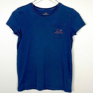 Vineyard Vines Kids Short Sleeve Tee Shirt | Navy Blue with Pink Whale | Size L